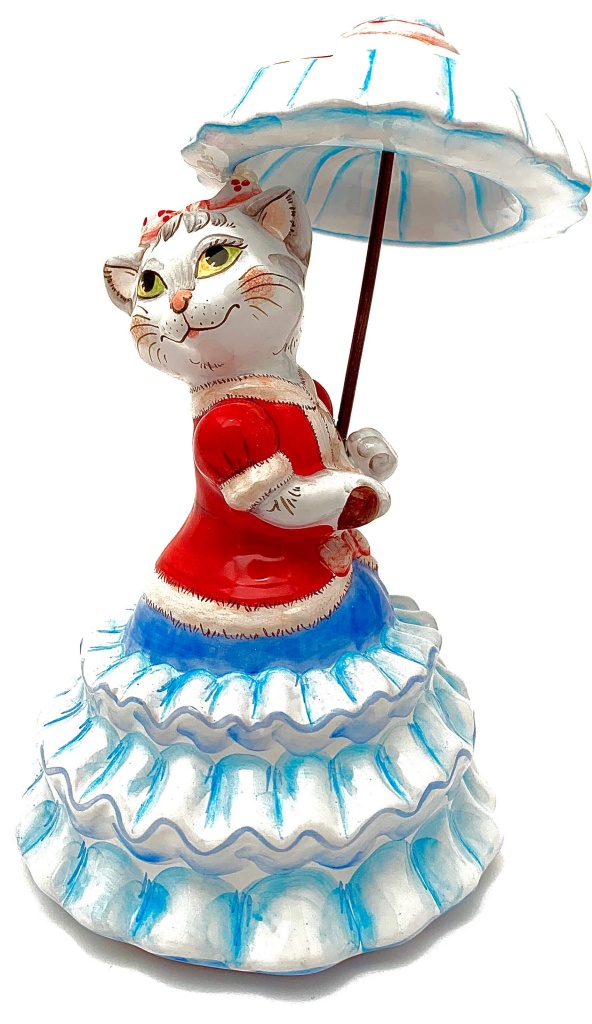 Ярославская майолика, коллекционная керамическая игрушка "Кошка с зонтиком"